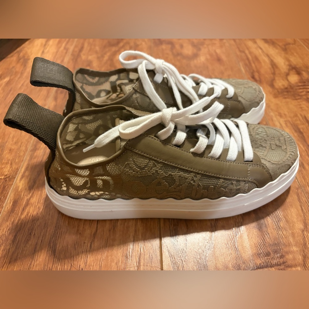 CHLOE | LAUREN lace scallop Sneakers in Dark Greige | SIZE 39 - Picture 7 of 14